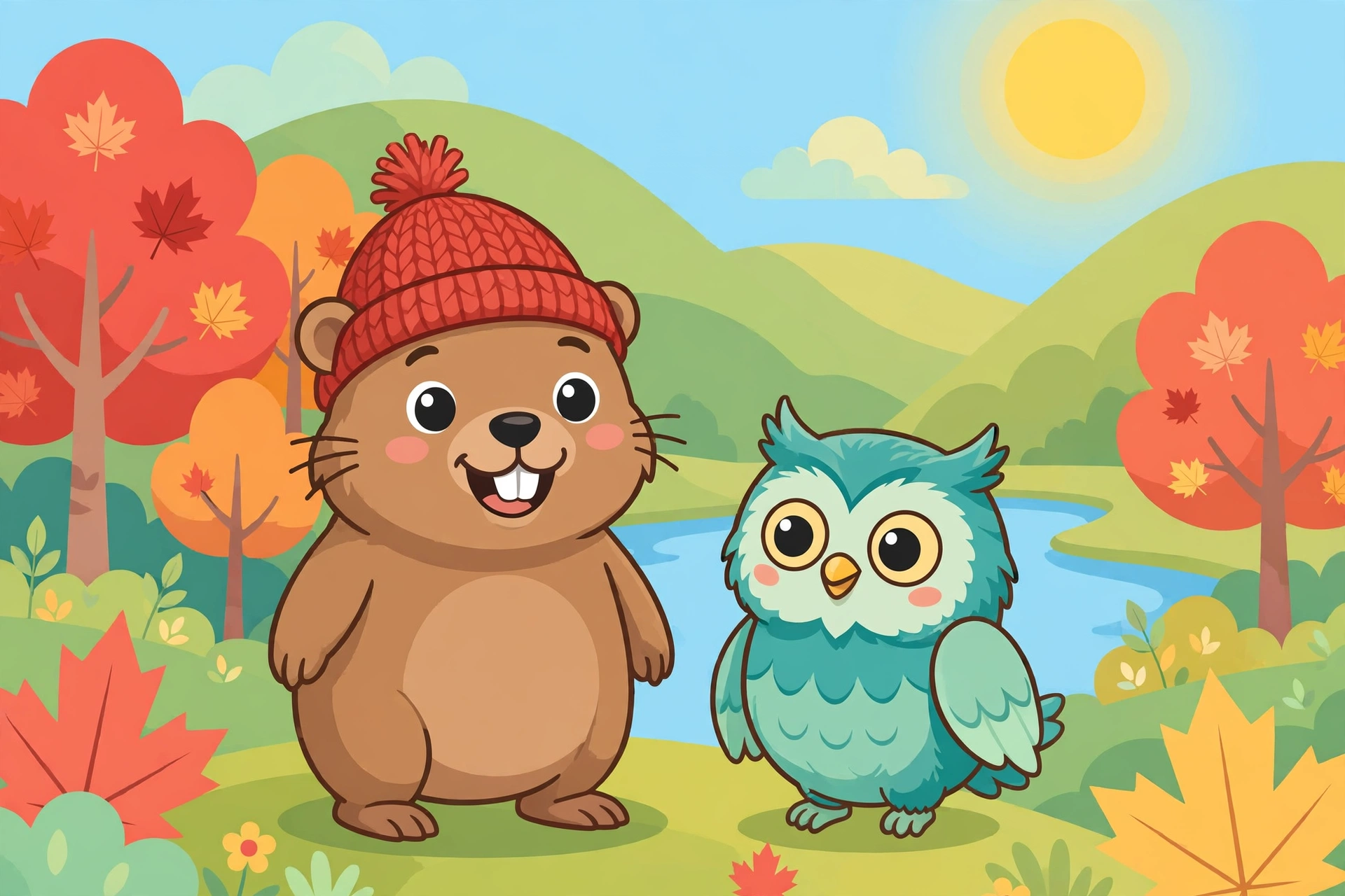 Filou le castor avec sa tuque rouge et Lulu la chouette turquoise, dans une forêt d'érables au bord d'un lac
